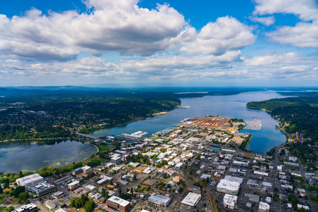 Aerial photo of Budd Inlet and waterfront