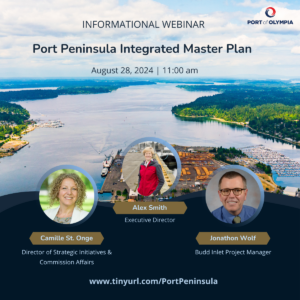 Graphic for webinar that includes image of Budd Inlet, webinar details and images of presenters