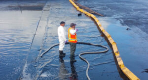 Two Port of Olympia staff standing at the marine terminal maintaining the stormwater treatment system.