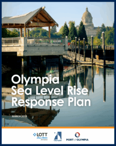 Cover page for Olympia Sea Level Response Plan with image of the Port Peninsula pier and waterfront in the background.
